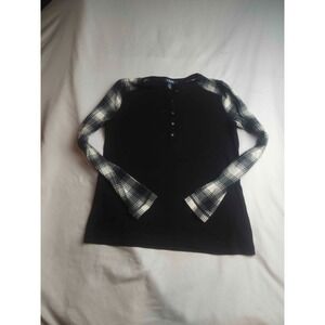 Chaps Denim Henley Shirt Womens Small Black Plaid Knit Long Sleeve Casual Top